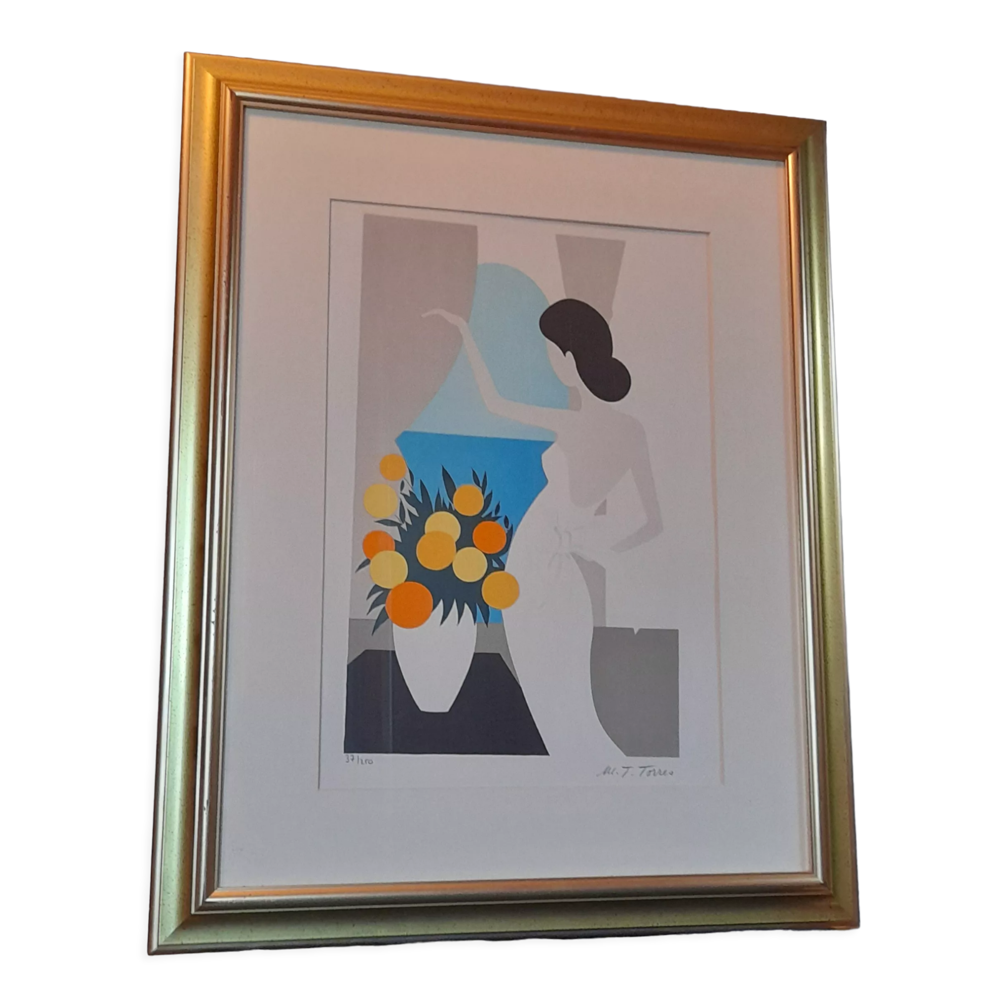 Original framed lithograph "Beautiful woman from the back facing the Mediterranean" by Maria Theresa Torres