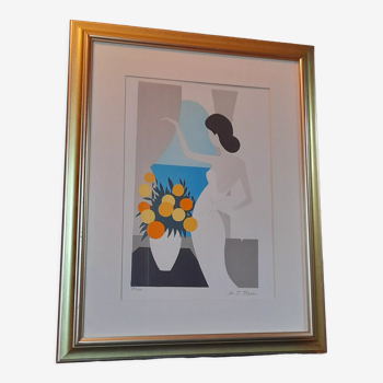 Original framed lithograph "Beautiful woman from the back facing the Mediterranean" by Maria Theresa Torres