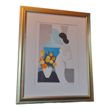 Original framed lithograph "Beautiful woman from the back facing the Mediterranean" by Maria Theresa Torres