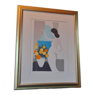 Original framed lithograph "Beautiful woman from the back facing the Mediterranean" by Maria Theresa Torres
