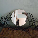 Vintage wall coat rack with mirror, 4 hooks, wrought iron