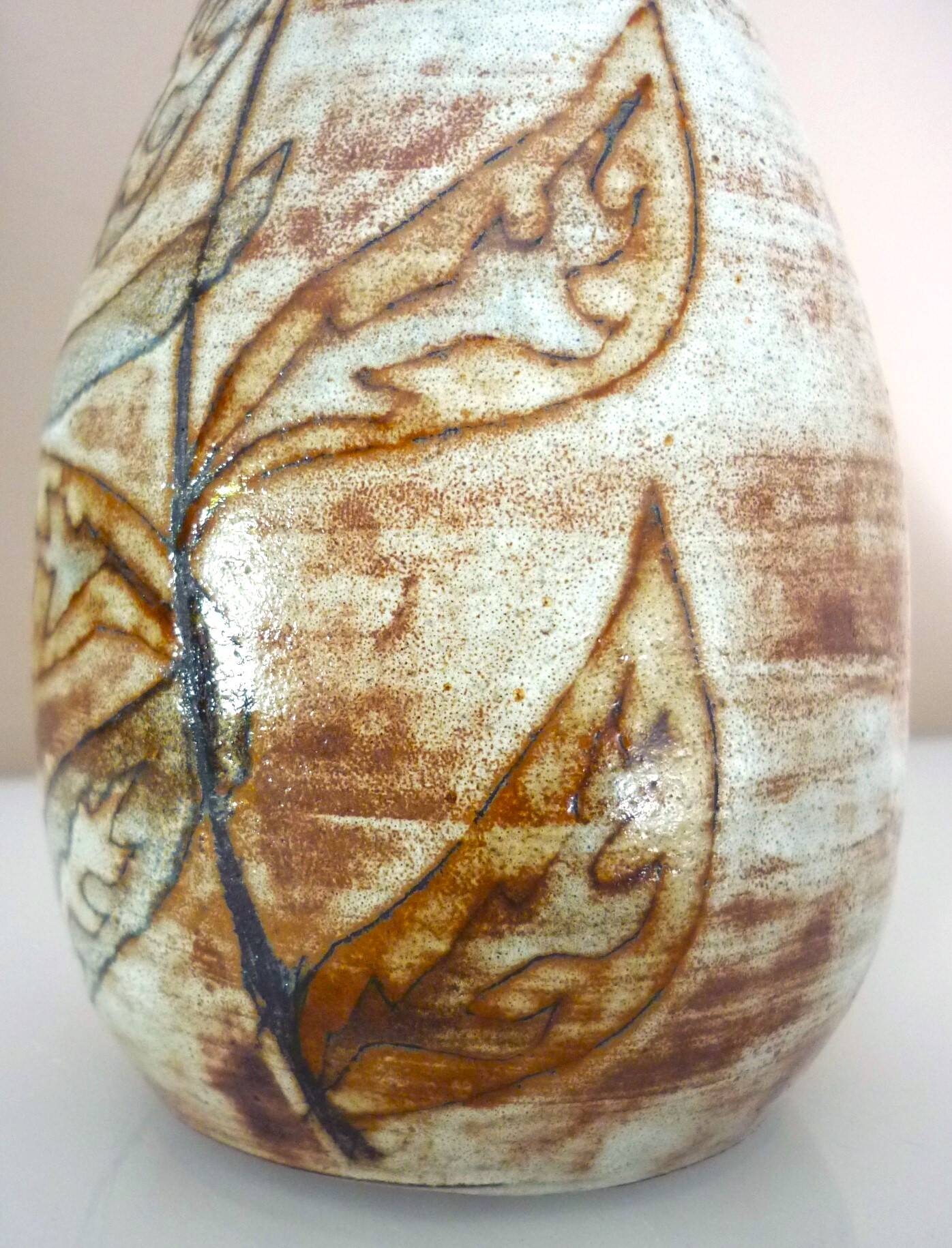Glazed ceramic drop vase, signed Michel Argans, leaf decoration