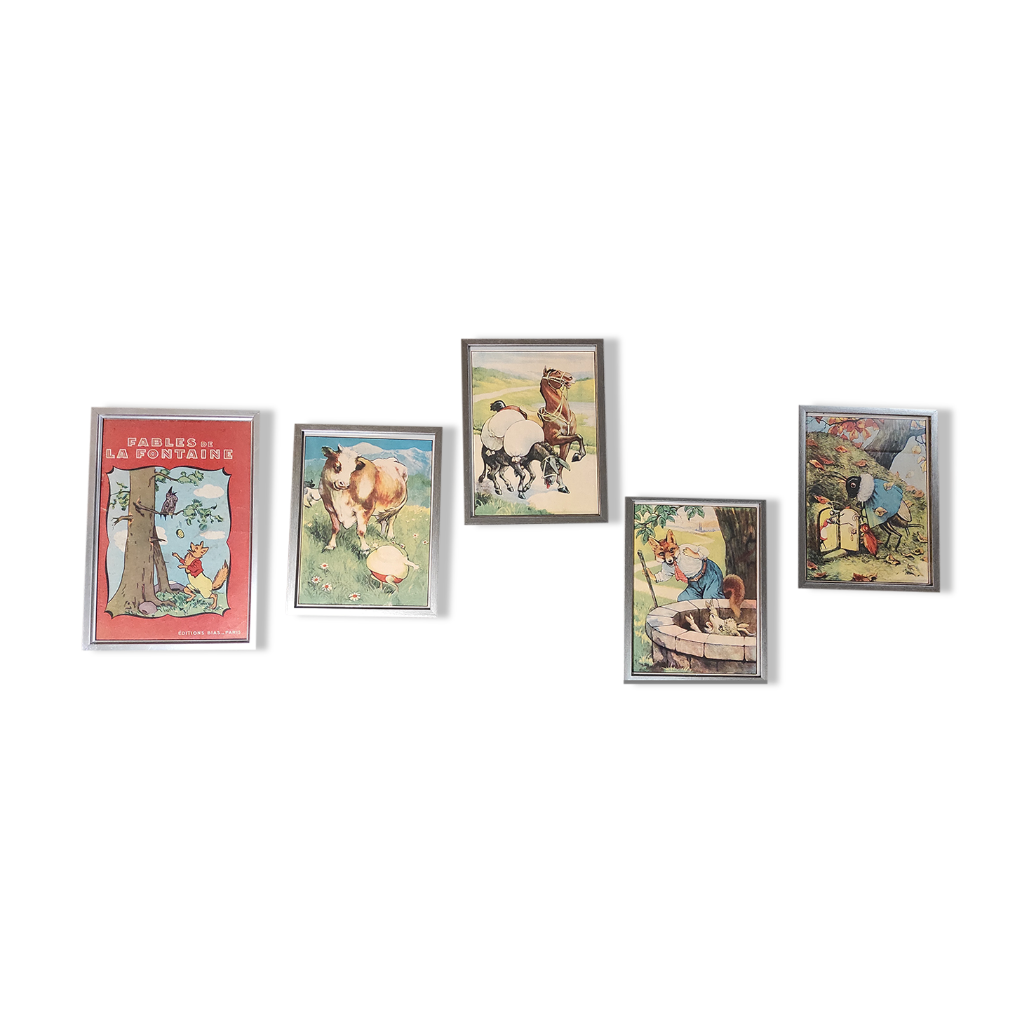 Set of 5 illustrations framed in glass the Fables of La Fontaine