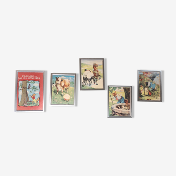 Set of 5 illustrations framed in glass the Fables of La Fontaine