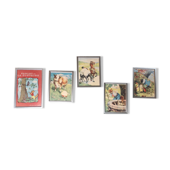 Set of 5 illustrations framed in glass the Fables of La Fontaine