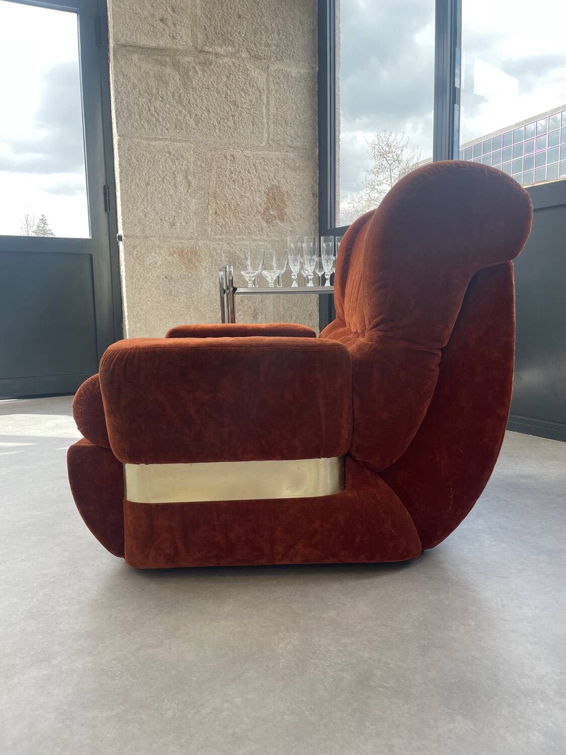 Orange velvet armchair