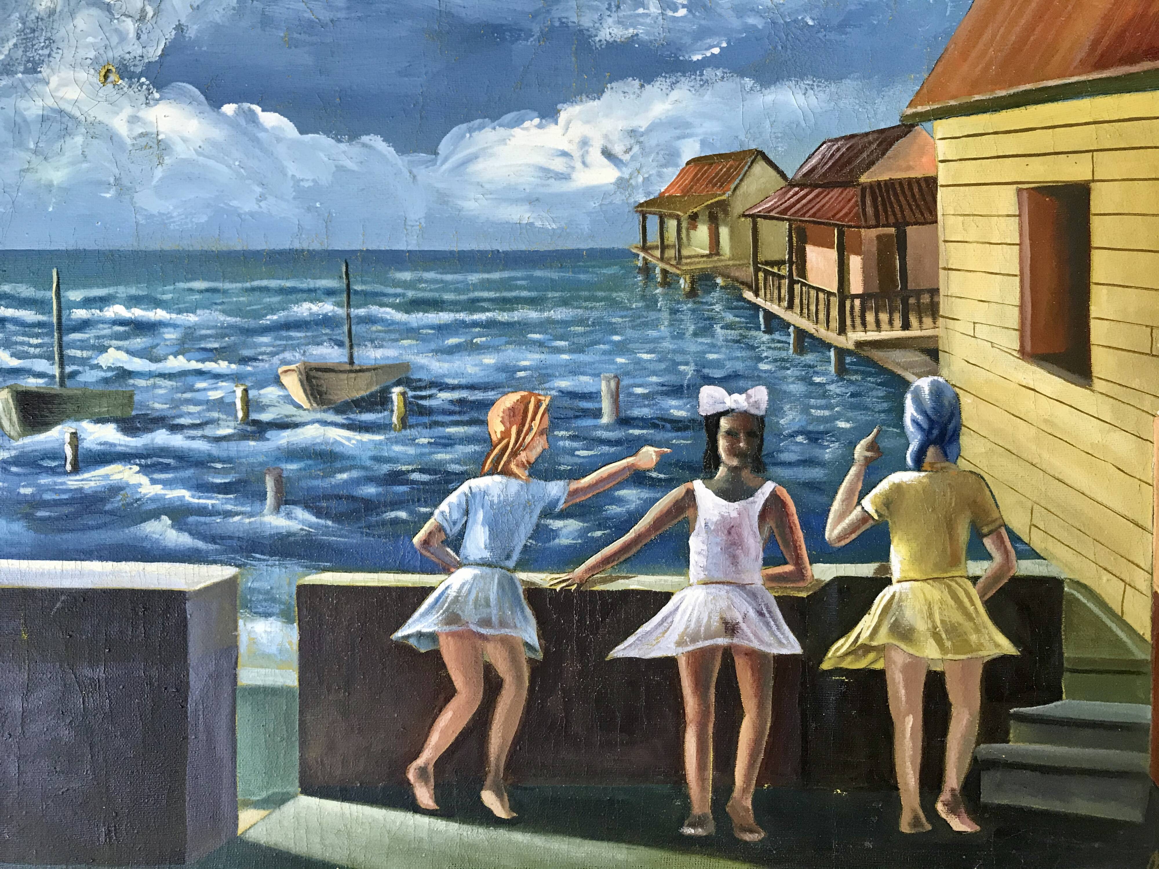 Tableau ancien mer enfants signé vintage