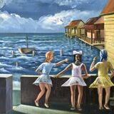 Tableau ancien mer enfants signé vintage