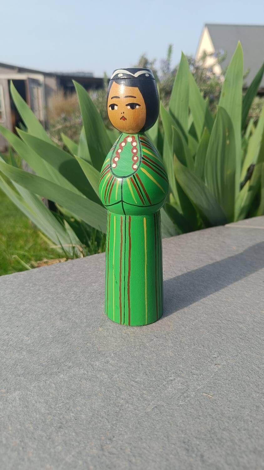 Decorative doll made of turned wood and hand-painted, made in 1987.