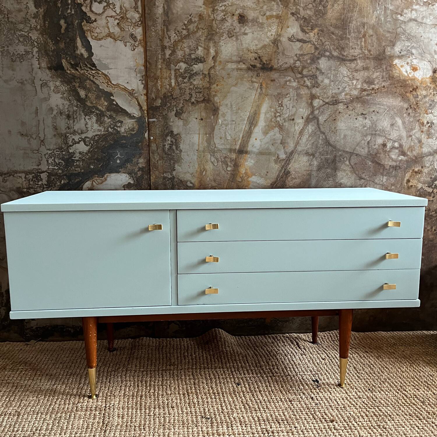 Seventies freshwater blue and brass sideboard