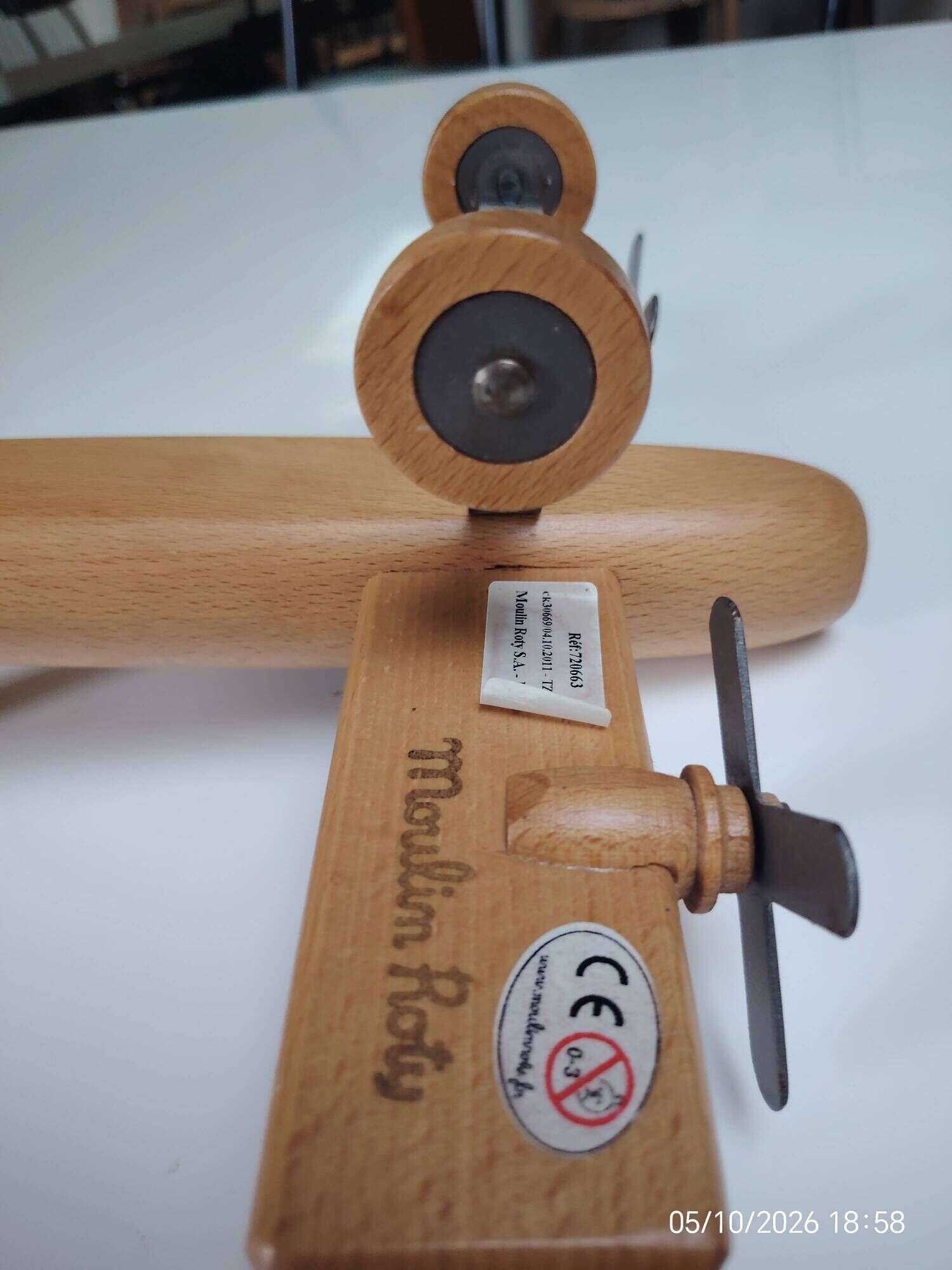 Vintage twin-engine aircraft in solid beech - Moulin Roty (1990s)