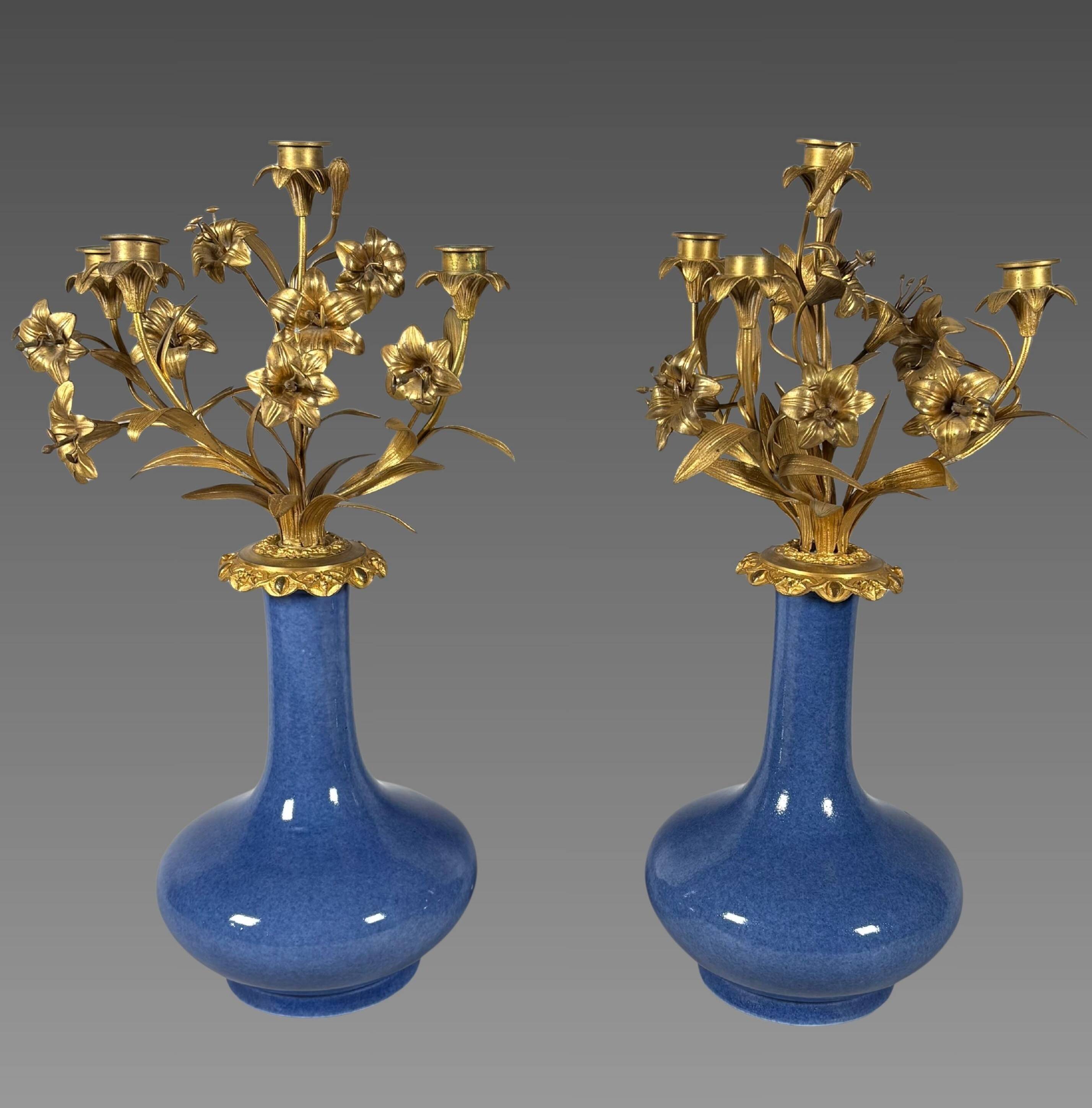 Pair of candelabra with flowers in Louis XV style, Napoleon III period.