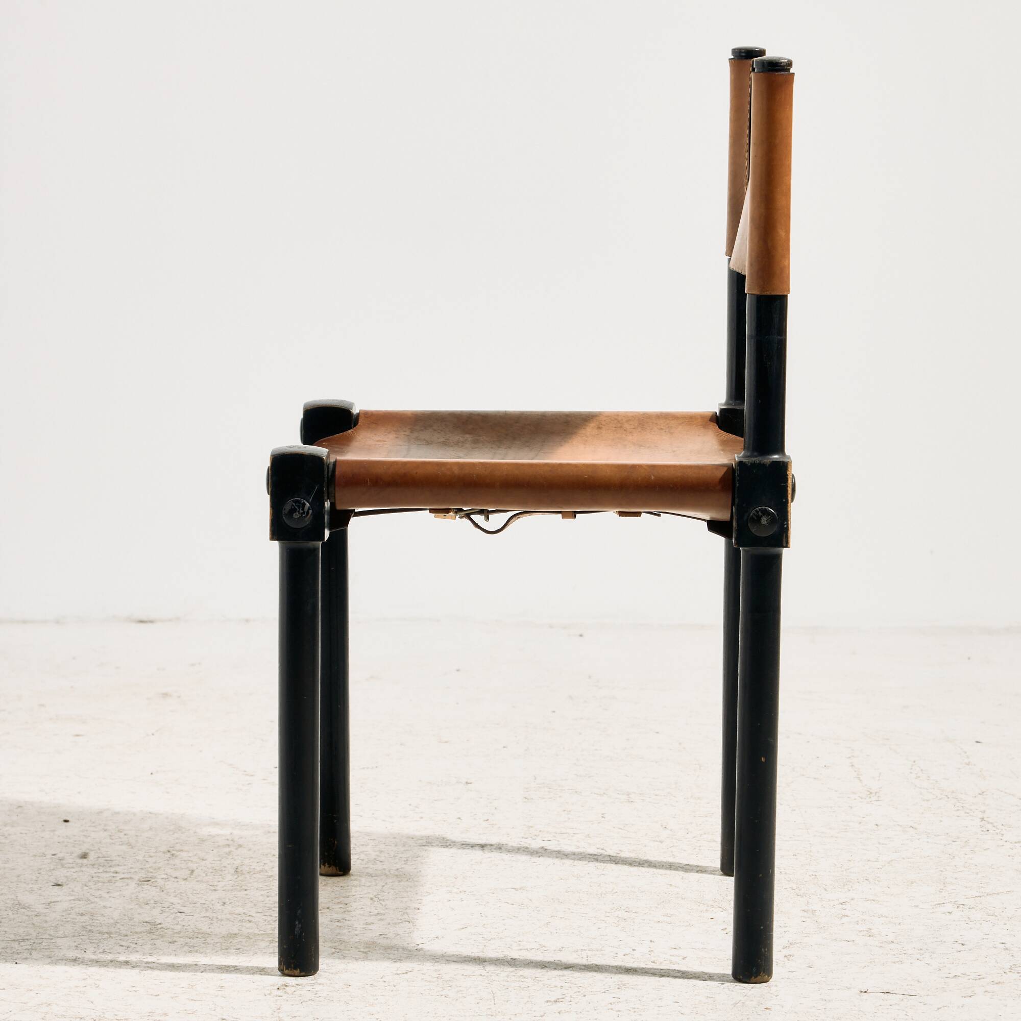 Brutalist beech and leather chair, set of 4