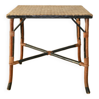 Table basse en rotin et bambou couleur miel et noir années 60-70