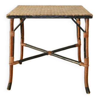 Coffee table in honey-colored and black rattan and bamboo from the 60s and 70s