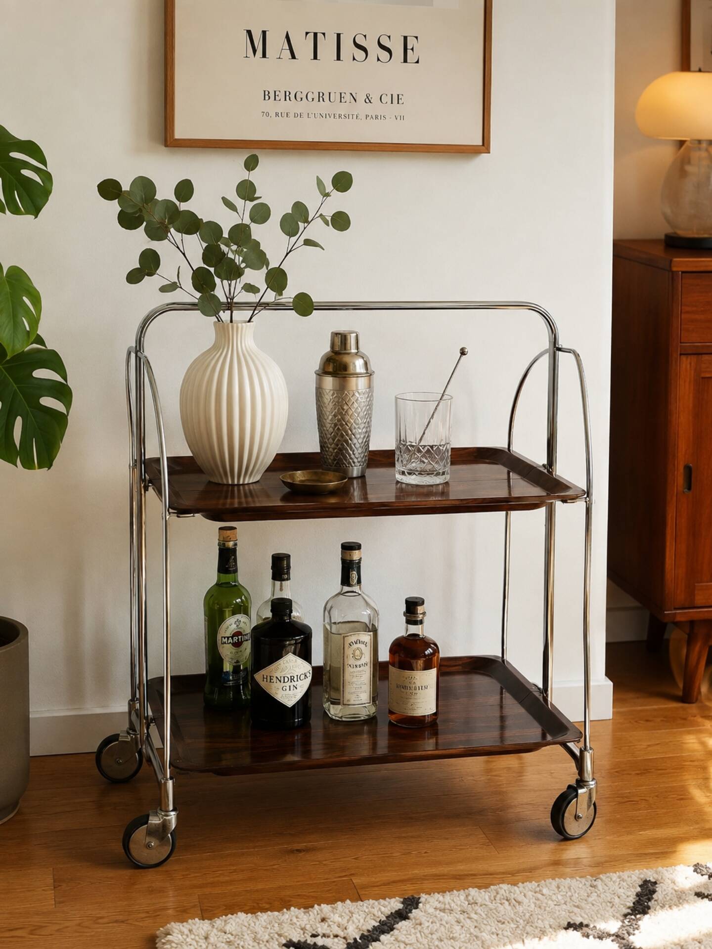 Desserte, mini bar ou chariot de service sur roulettes années 70