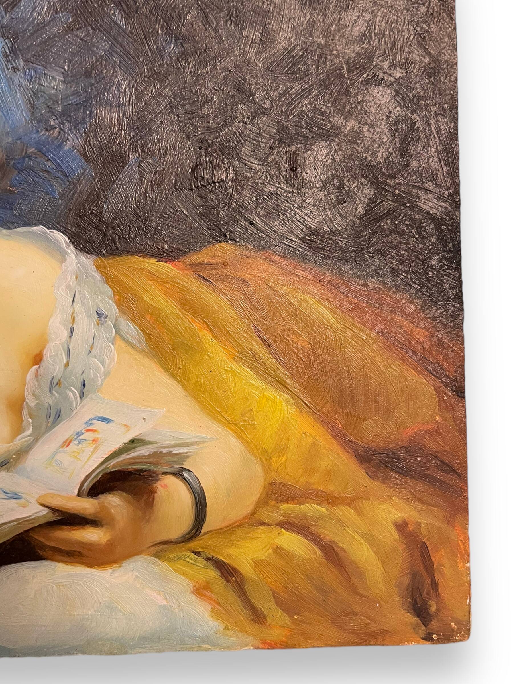 Young woman lying reading oil on panel