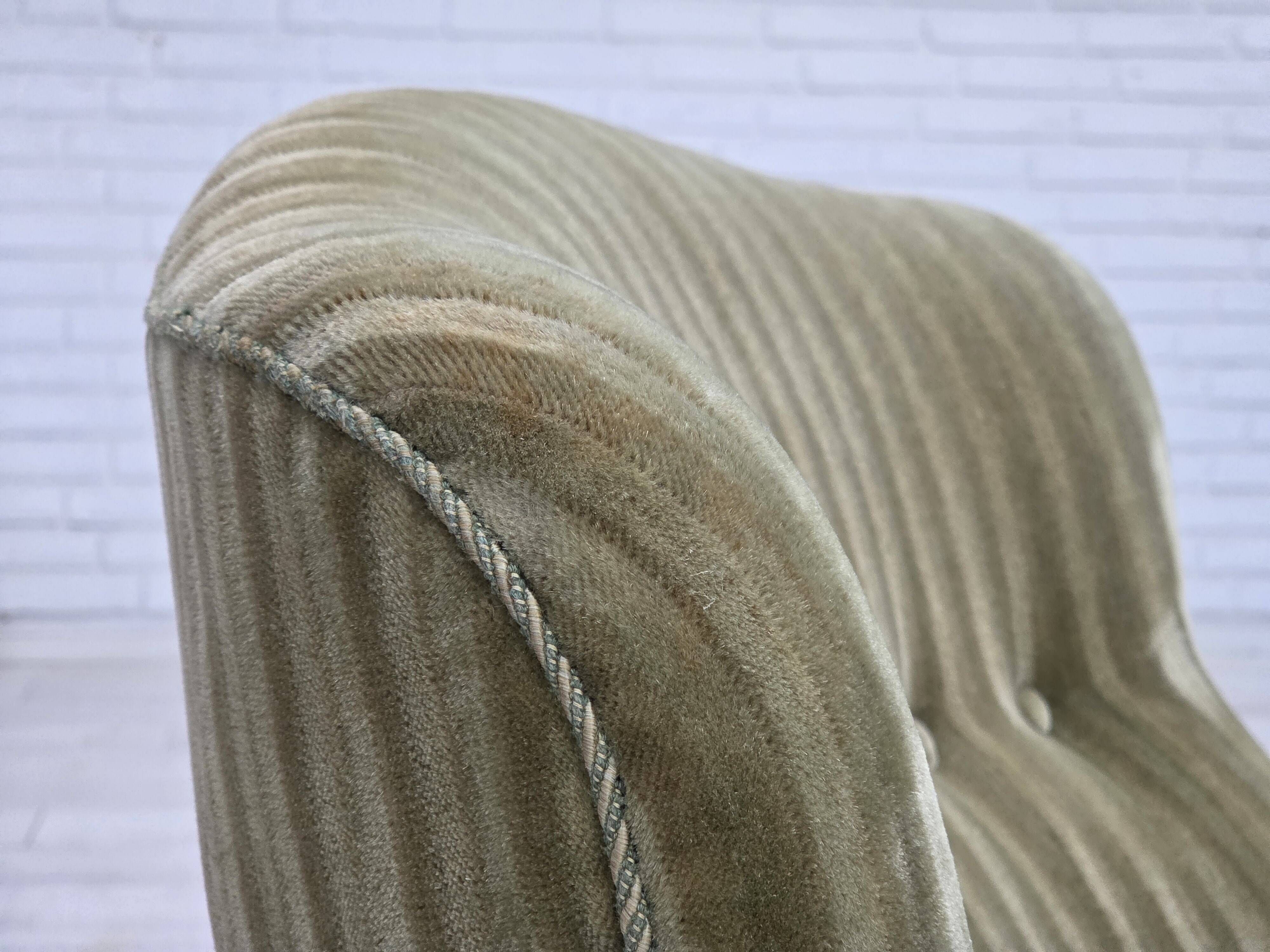 1960s, Danish armchair, original striped furniture velour, beech wood legs.