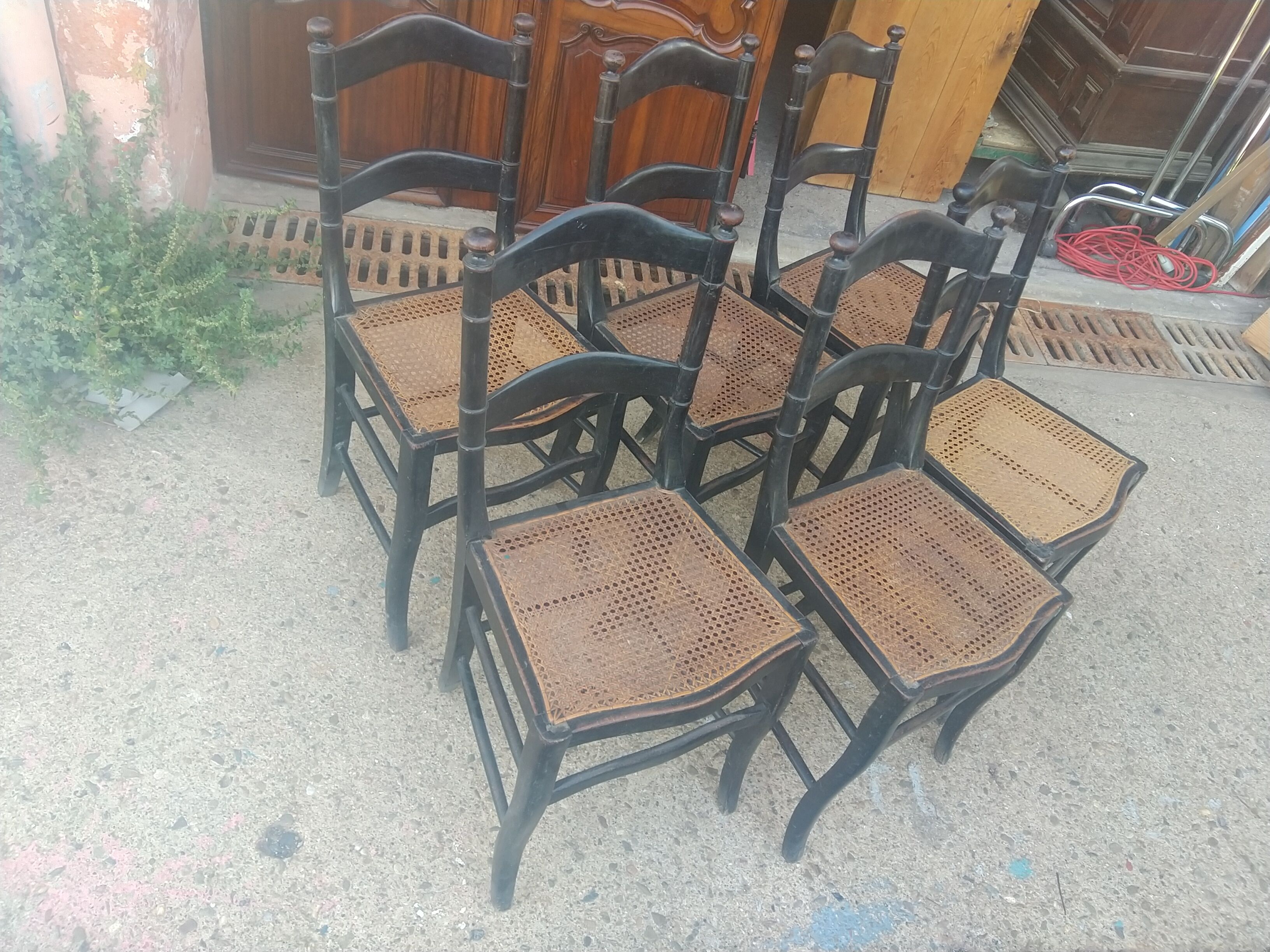 Set of 6 Napoleon III period chairs in blackened wood and caning