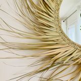 Round straw mirror with fringe, 80cm