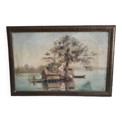 Tableau ancien à l'huile représentant un paysage