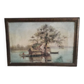 Tableau ancien à l'huile représentant un paysage