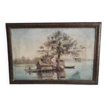Old oil painting representing a landscape