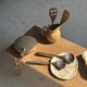 Pair of salad servers or kitchen utensils in blackened teak L30 D9
