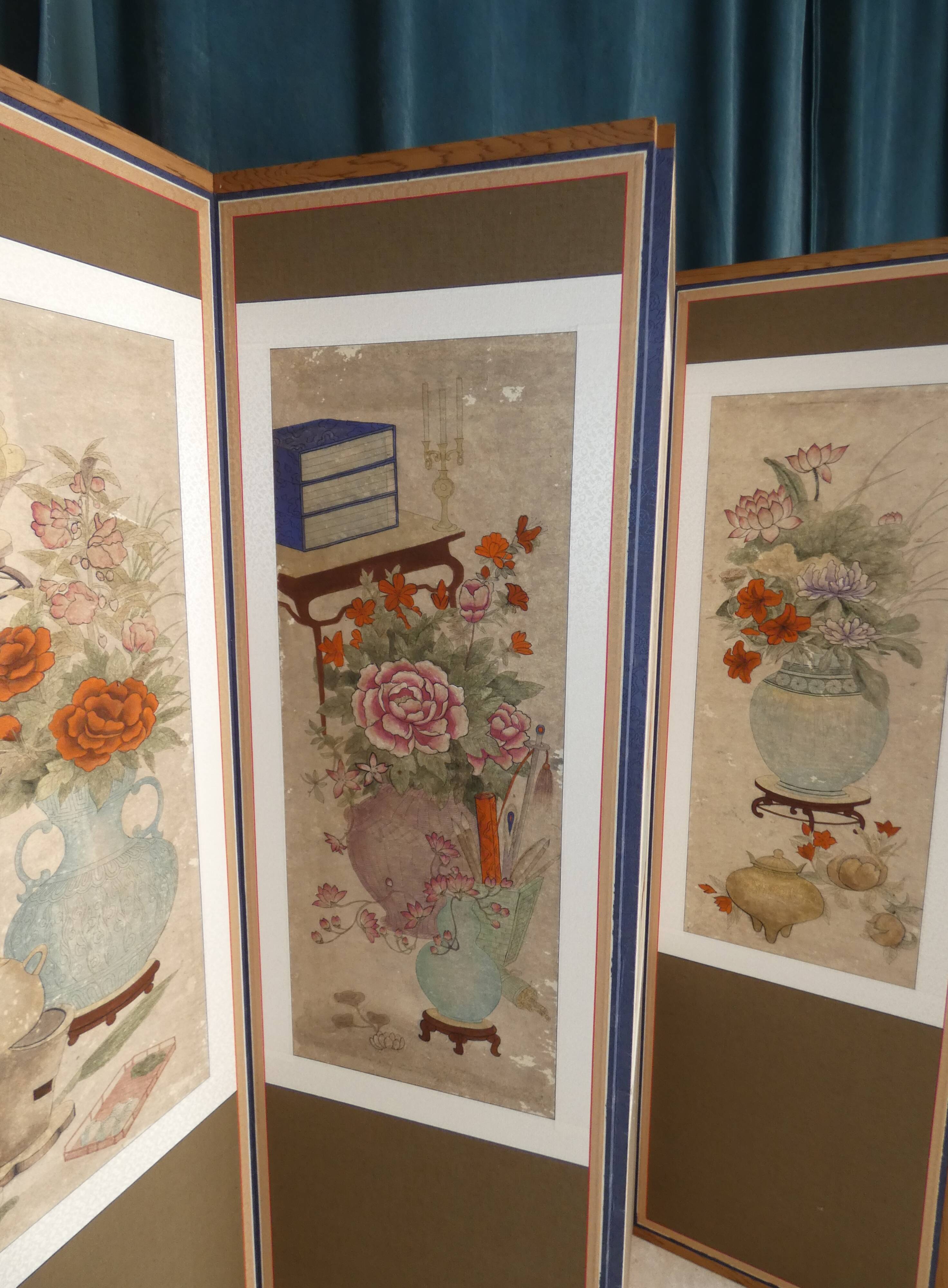 Screen 4 korean pans with flower patterns circa 1950 1970 h 156 l 180