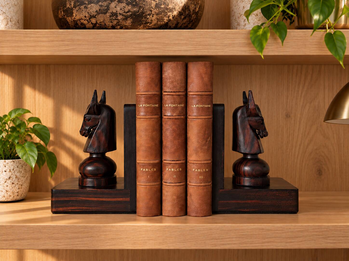 Pair of vintage wooden bookends with stylised horse heads.