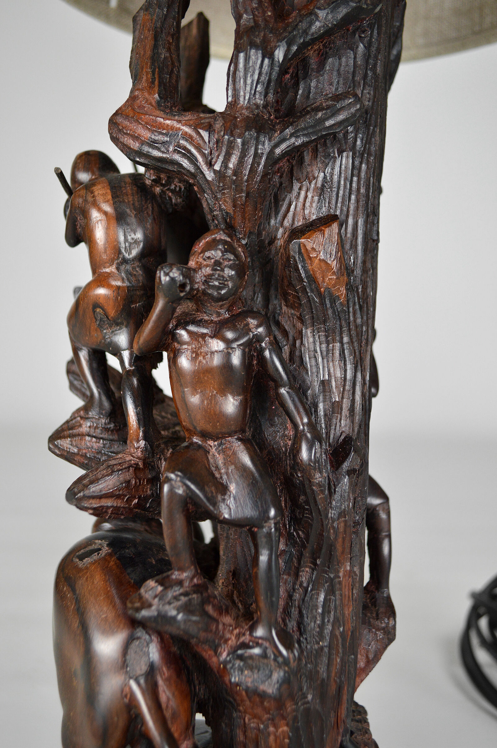 African carved ebony lamp, "Hunters, buffalo and crocodile"