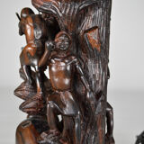 African carved ebony lamp, "Hunters, buffalo and crocodile"