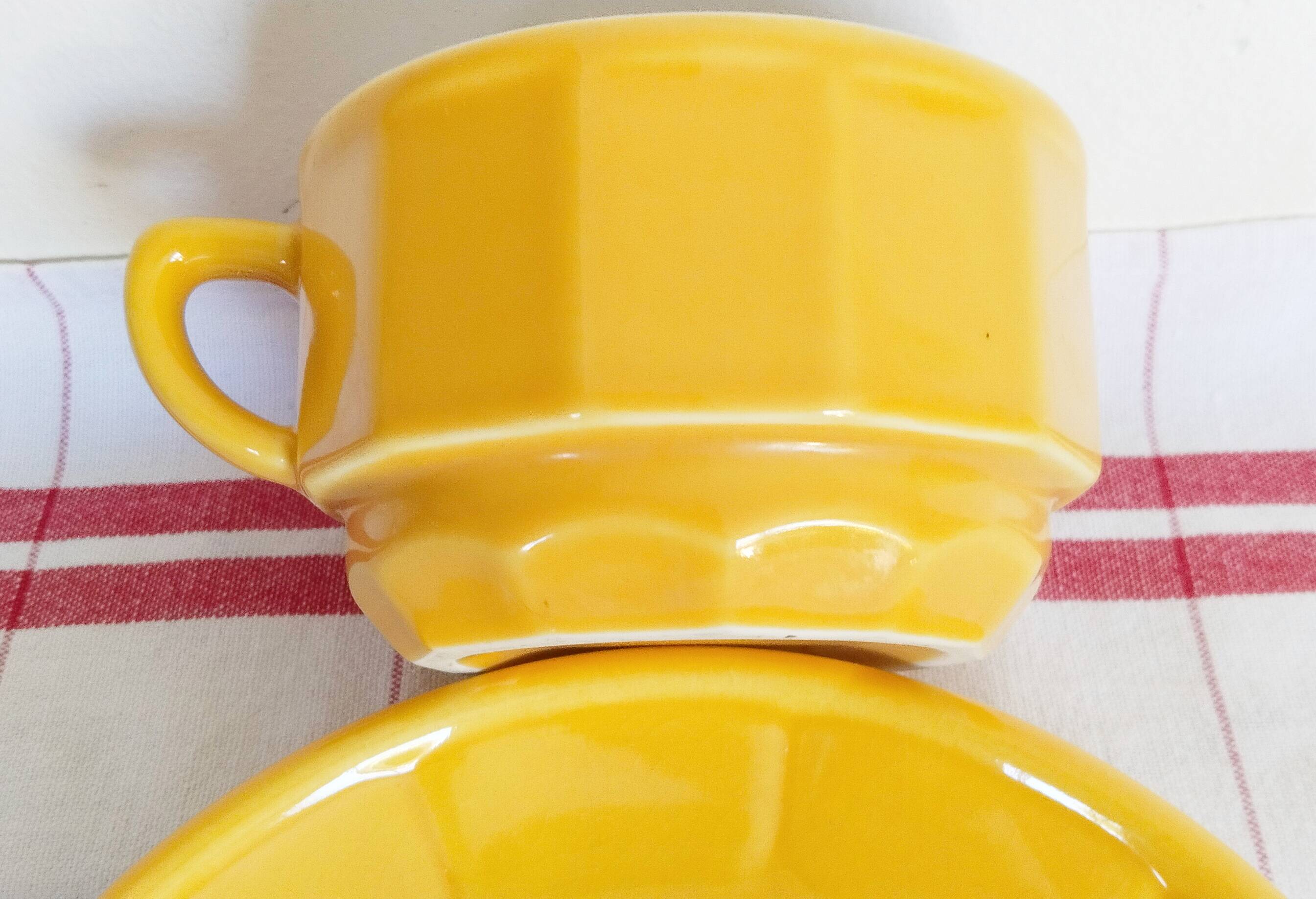 Apilco yellow and white porcelain chocolate cup and saucers