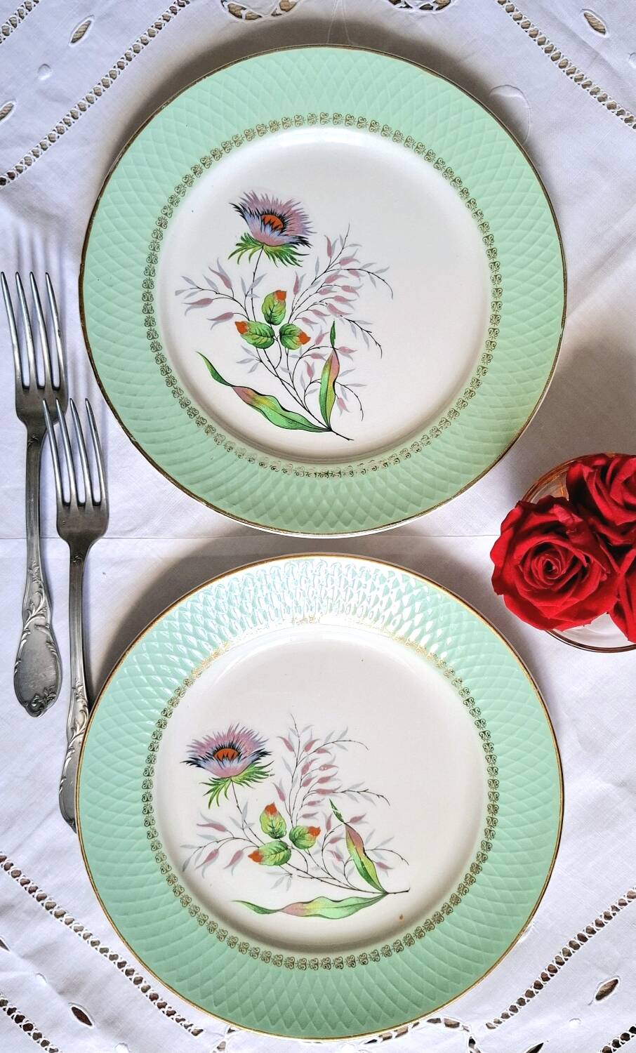 Old mismatched earthenware dinner plates