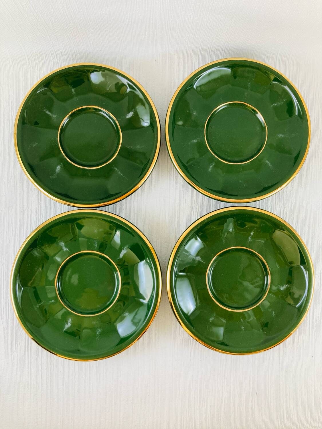 Bistro Coffee Service Cups Saucers and Green Faceted Milk Jug