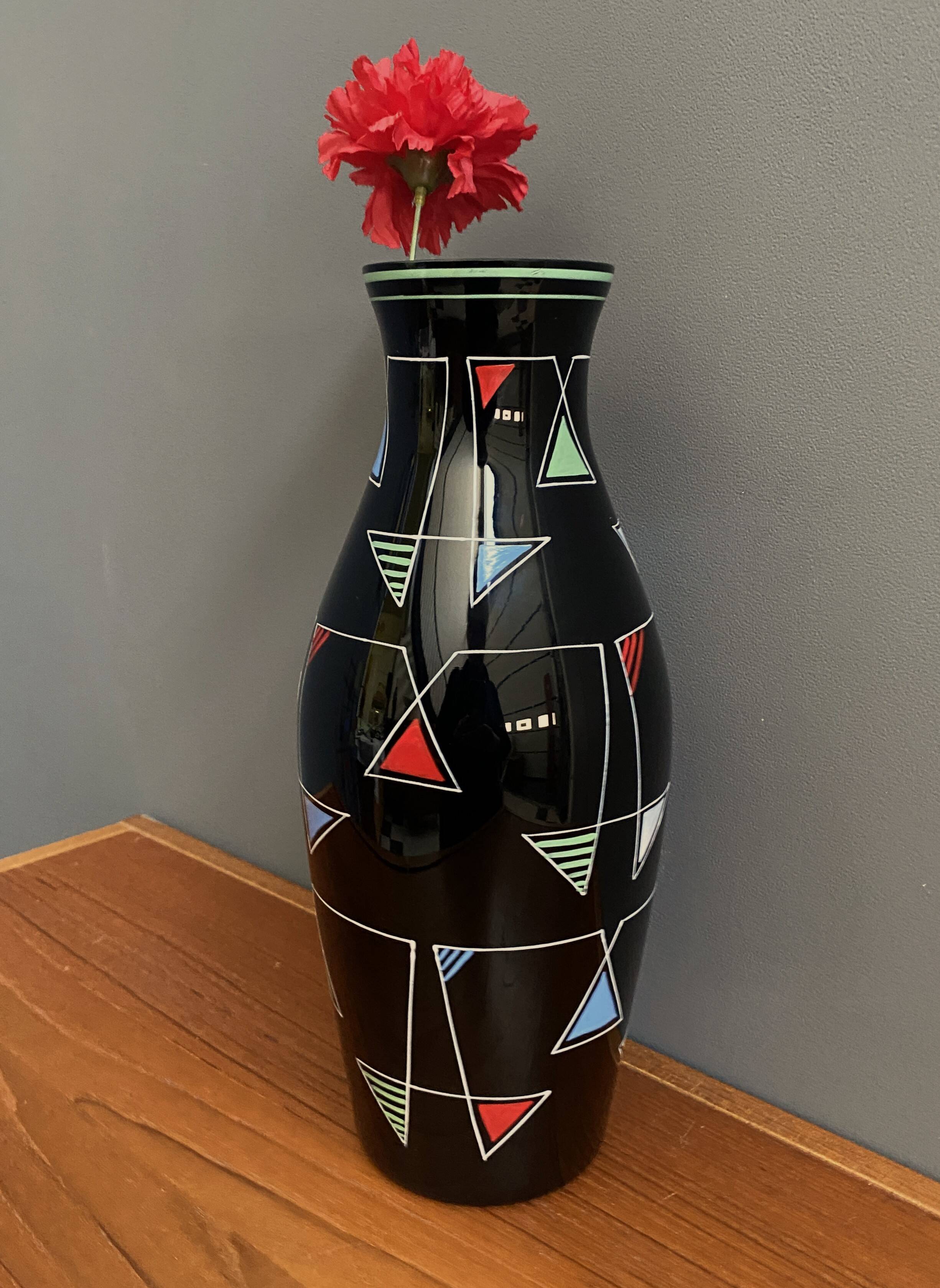 Black Glass vase with enamel decoration by VEB Wasungen 1970s