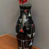 Black Glass vase with enamel decoration by VEB Wasungen 1970s