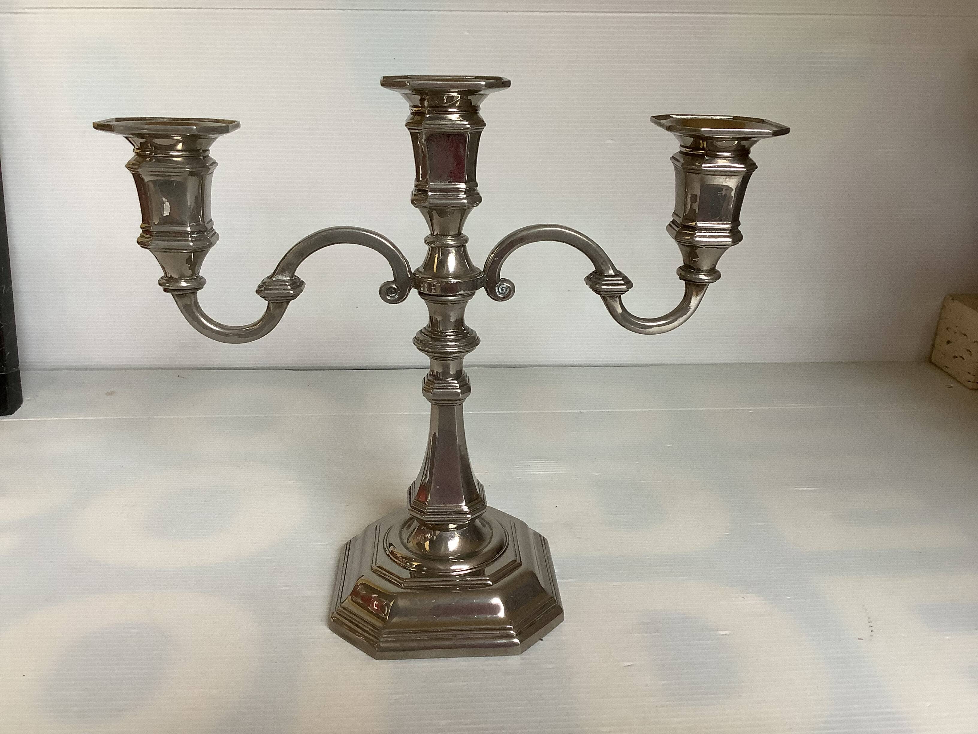 Large silver-plated metal three-light candlestick