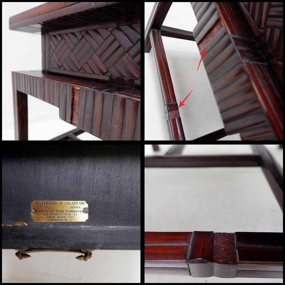Pair of vintage pagoda tables in faux bamboo with chevron pattern - Maitland & Clasco