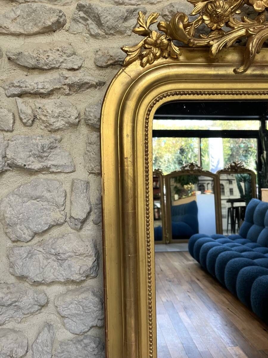 Antique Louis-Philippe mirror with a pediment, 160/93cm, gilded with gold leaf, mercury glass.