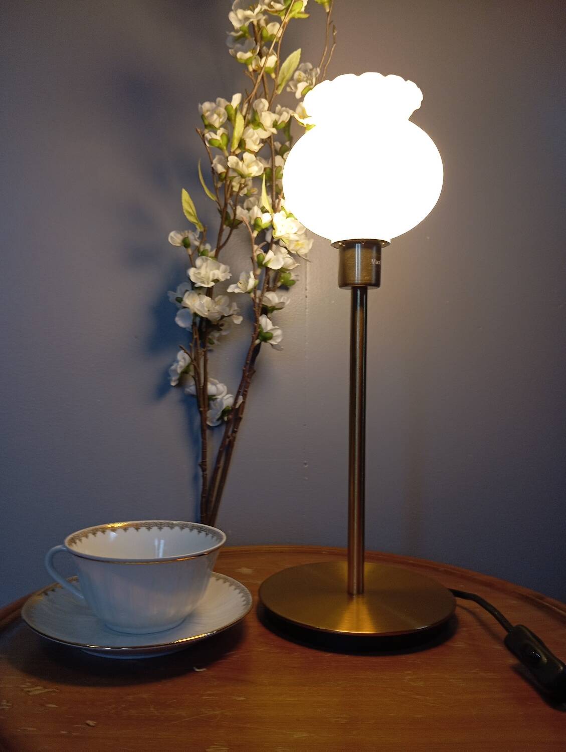 Living room lamp with gold metal base, matt white opaline globe, vintage