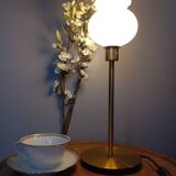 Living room lamp with gold metal base, matt white opaline globe, vintage