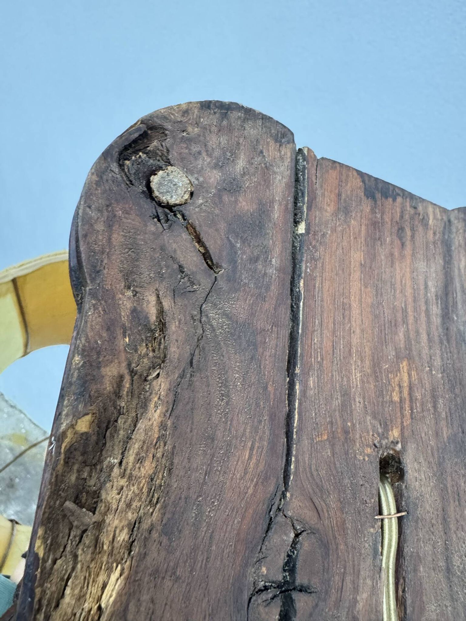 Sculpted wooden lamp with faces, antique.