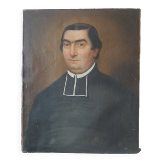 Tableau portrait huile sur toile ancien 19 ème prêtre tableau religieux vintage