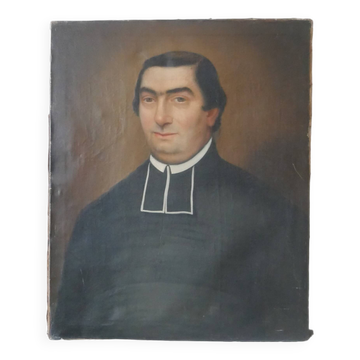 Old 19th century oil on canvas portrait painting priest vintage religious painting