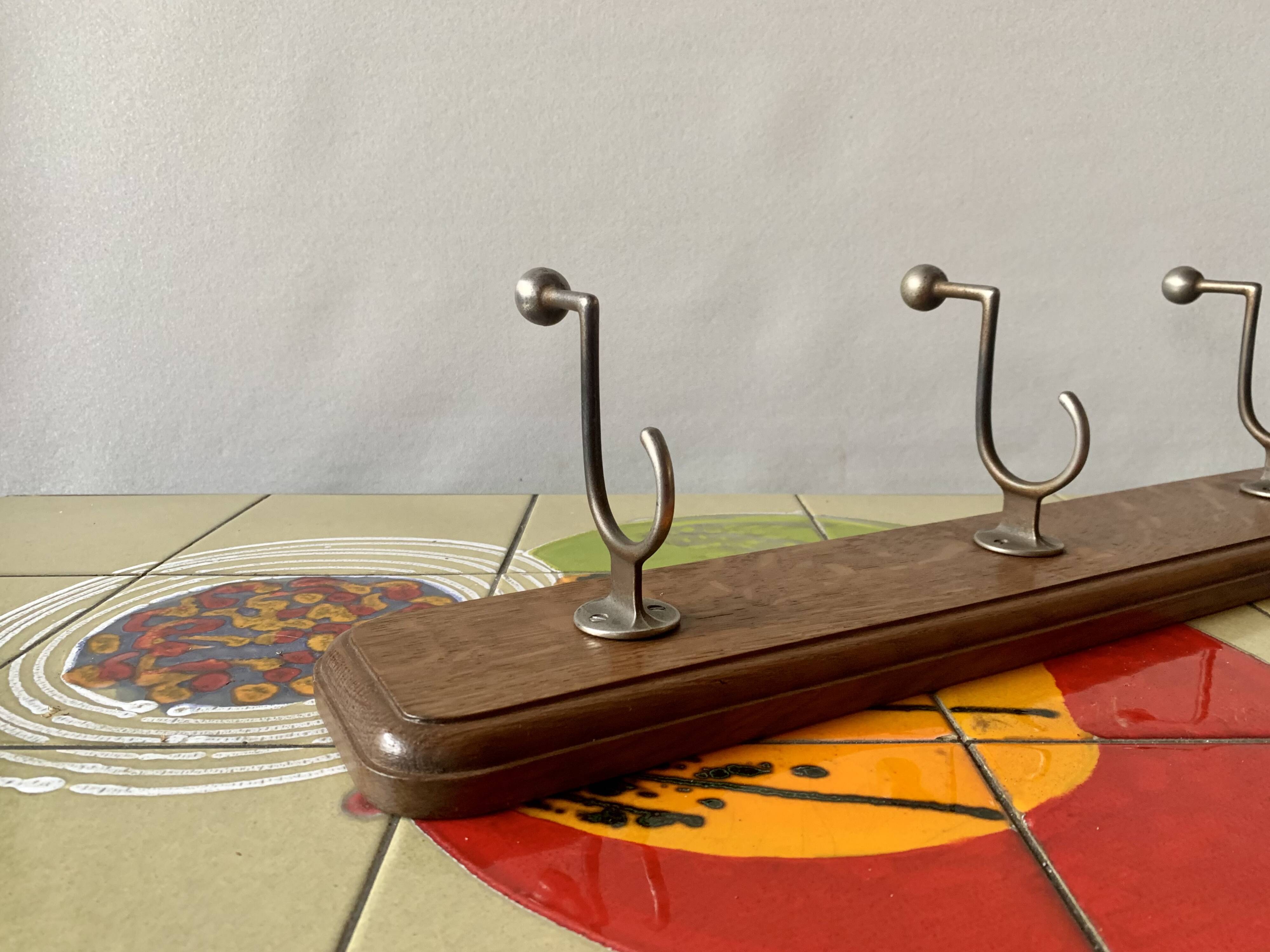 Vintage wooden wall coat rack - 4 steel hooks