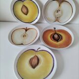 5 hand-painted dessert plates with stylised fruit designs.