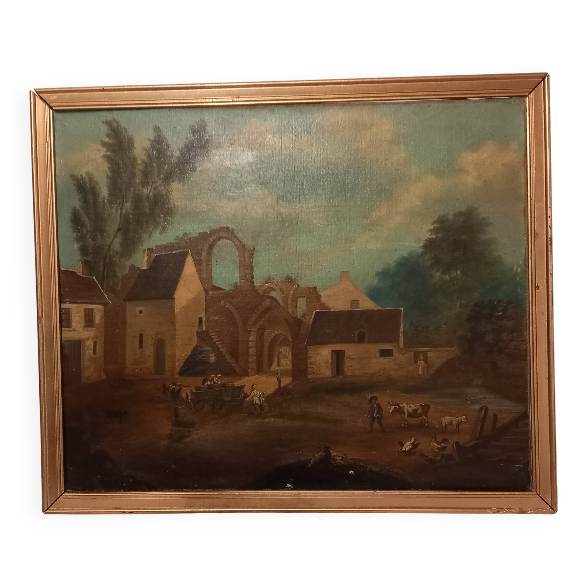 Ancient painting, French school of the 18th century, bucolic scene, ruins.