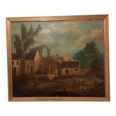 Ancient painting, French school of the 18th century, bucolic scene, ruins.