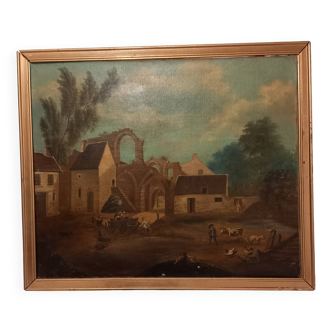 Old painting, French school of the 18th century, bucolic scene, ruins